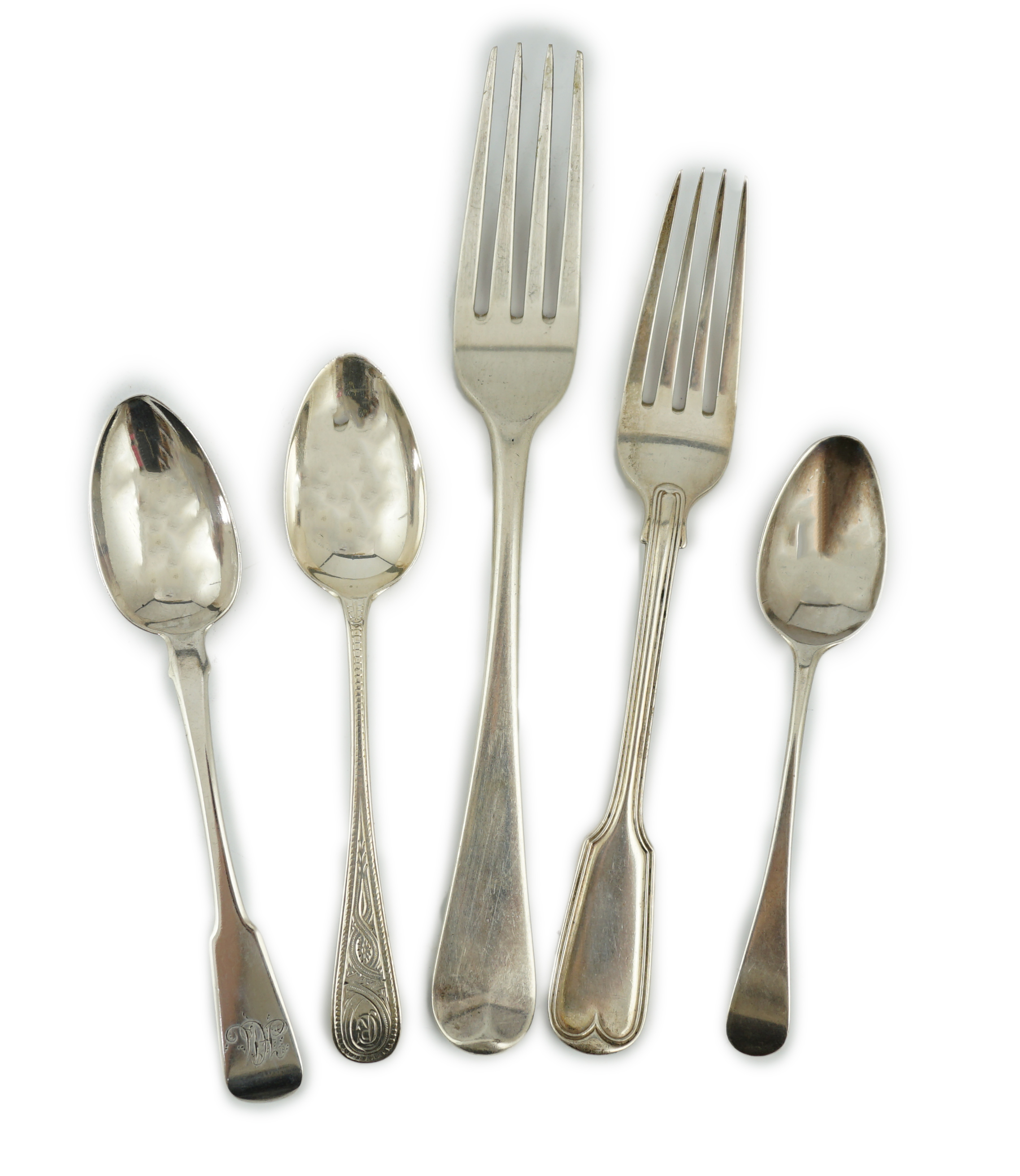 A collection of assorted mainly 19th century silver table and dessert forks, various dates, makers and patterns including a set of six table forks by Eley & Fearn, London, 1802 and a similar collection of assorted silver